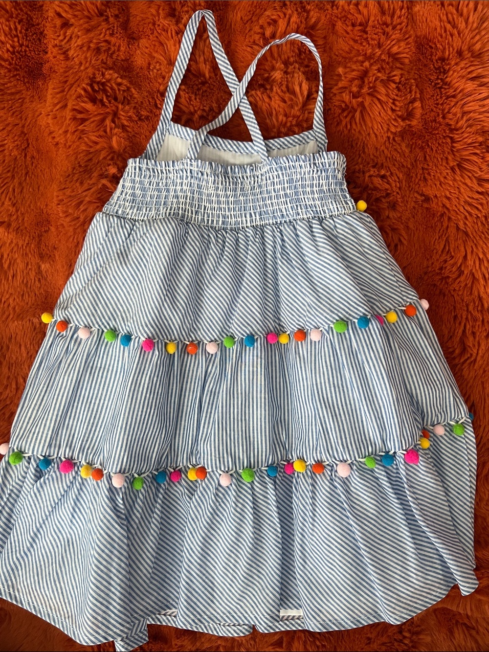 Tommy Bahama Blue Stripe Tiered Dress with Colorful Pom-Poms - Picture 2 of 3